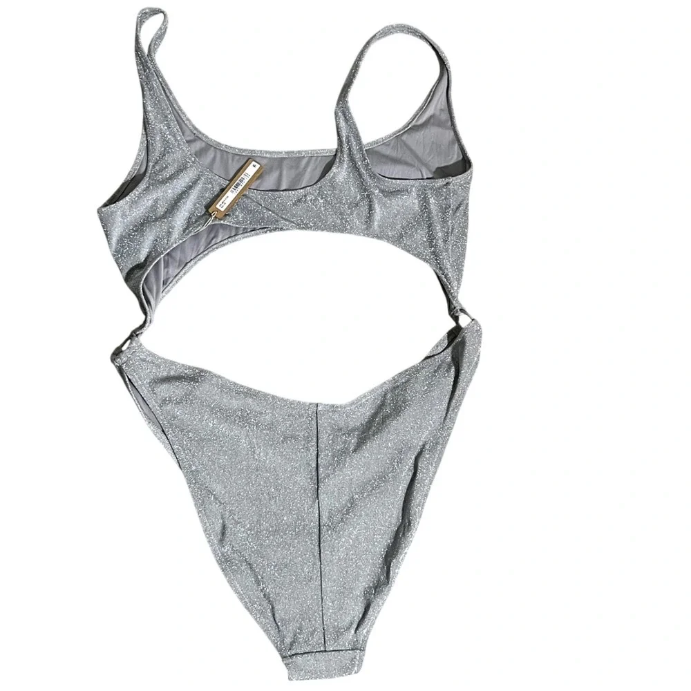 SKIMS Silver Sparkle Cut Out Monokini‎ Swim One Piece Metallic Ring Detail 4X